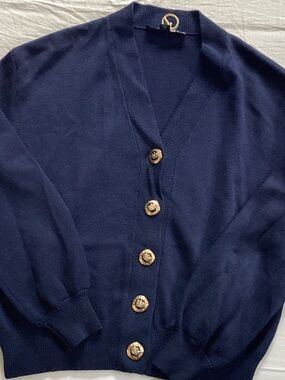 St. John Navy Knit Top with Gold Logo Accent